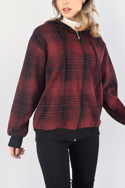 Bordo Ekose Desen Bayan Kaşe Hırka 87912