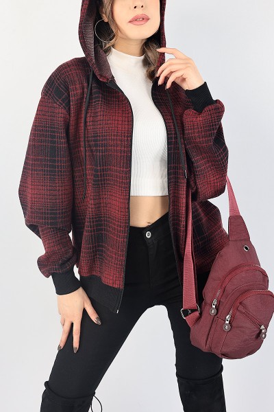 Bordo Ekose Desen Bayan Kaşe Hırka 87912