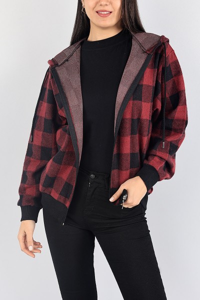 Bordo Ekose Desen Bayan Kaşe Hırka 87913