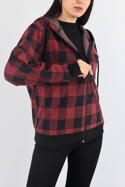 Bordo Ekose Desen Bayan Kaşe Hırka 87913
