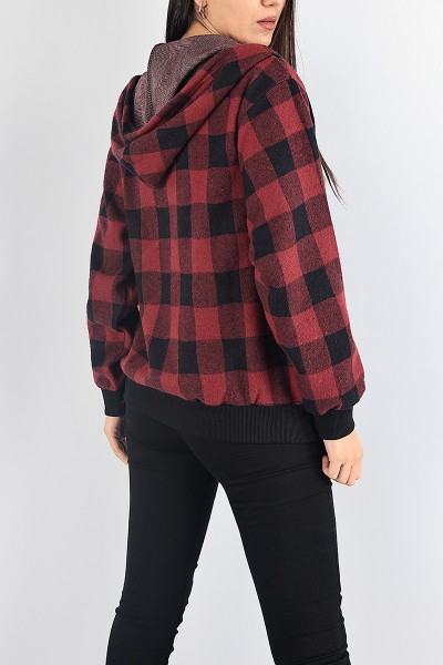 Bordo Ekose Desen Bayan Kaşe Hırka 87913