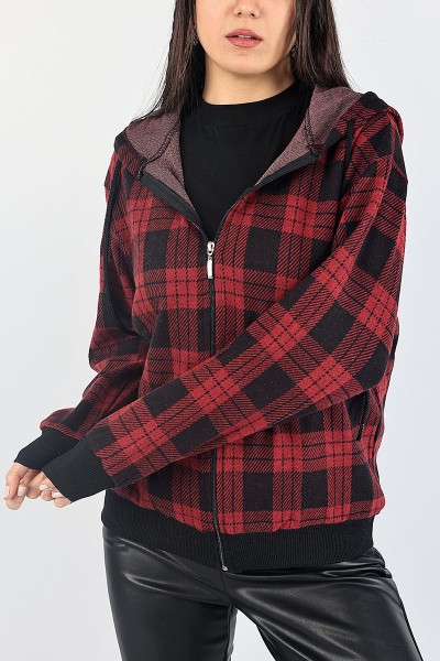 Bordo Ekose Desen Bayan Kaşe Hırka 87915