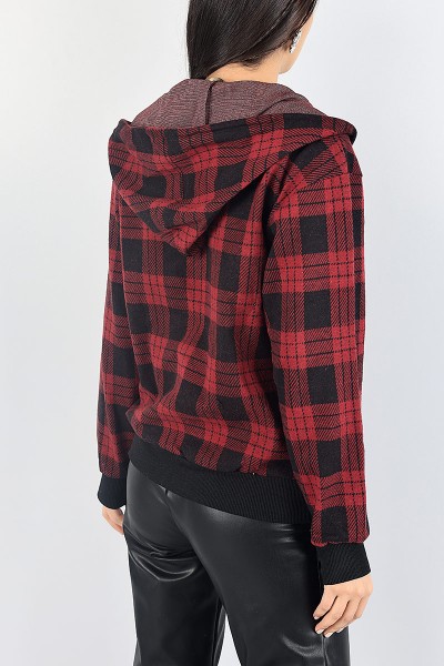 Bordo Ekose Desen Bayan Kaşe Hırka 87915
