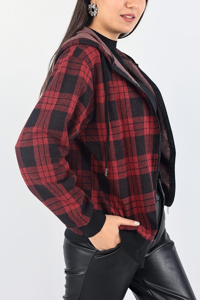 Bordo Ekose Desen Bayan Kaşe Hırka 87915