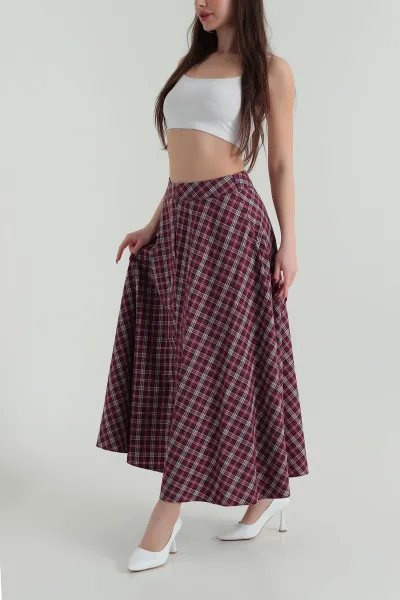 Bordo Ekose Desen Cepli Kadın Etek 422518