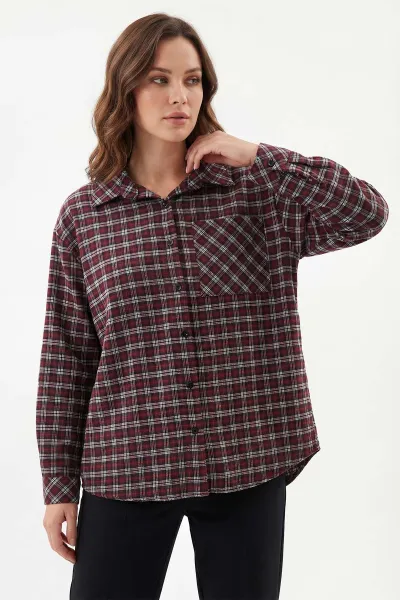 Bordo Ekose Desen Oduncu Kadın Gömlek 425705