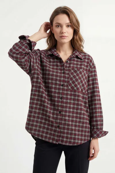 Bordo Ekose Desen Oduncu Kadın Gömlek 425705