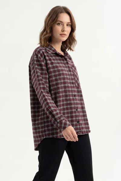 Bordo Ekose Desen Oduncu Kadın Gömlek 425705