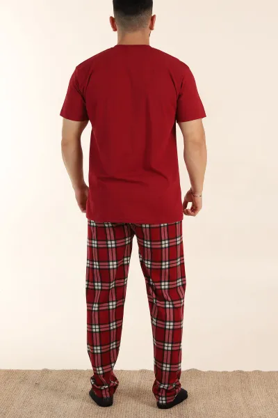 Bordo Ekose Desenli 3 Düğmeli Kısa Kol Erkek Pijama Takımı 362608