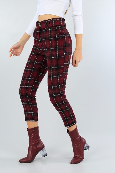 Bordo Ekose Kemerli Kaşe Bayan Pantolon 43378