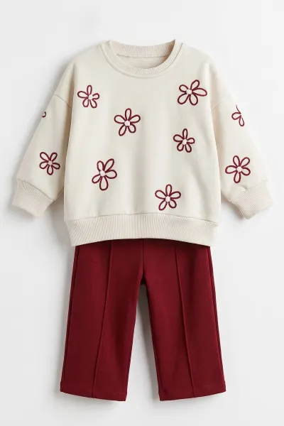 Bordo Ekru (1-4 Yaş)Papatya Nakışlı 3 İp Şardonlu Kız Çocuk&Bebek Kışlık Takım 489390