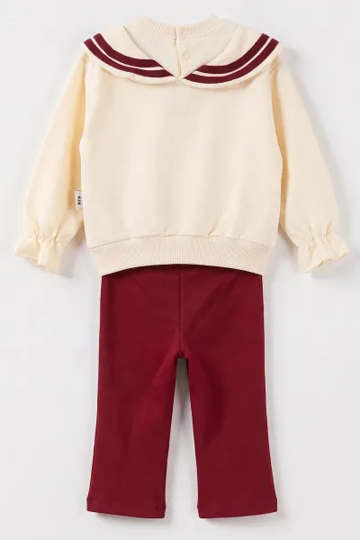 Bordo Ekru  (6-24 Ay) Yaka Detaylı Fiyonklu Kız Bebek Takım 482030