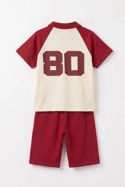 Bordo Ekru (7-12 Yaş) 1975 Baskılı Gömlek Yakalı Erkek Çocuk Yazlık Takım 469691