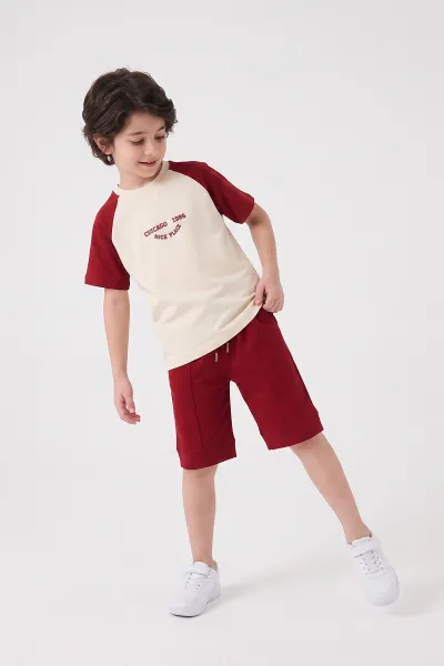 Bordo Ekru (7-12 Yaş)1986 Garnili Cepli Şortlu Çimalı Erkek Çocuk Yazlık Takım 469574