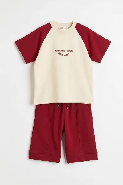 Bordo Ekru (7-12 Yaş)1986 Garnili Cepli Şortlu Çimalı Erkek Çocuk Yazlık Takım 469574