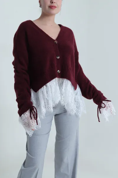 Bordo Eteği Dantelli Kadın Triko Üst 493891