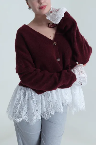 Bordo Eteği Dantelli Kadın Triko Üst 493891