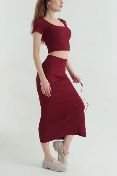 Bordo Etek Bluz Fitilli Kadın İkili Takım 357909