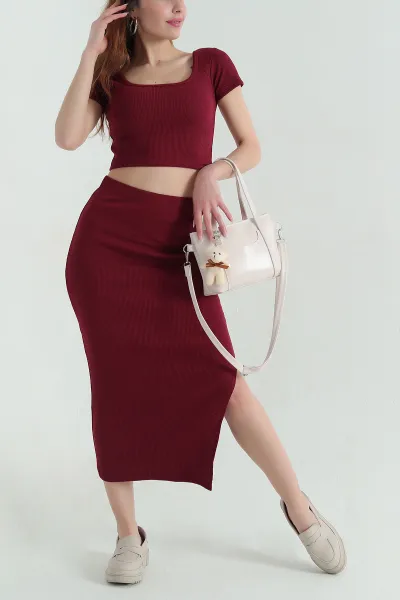 Bordo Etek Bluz Fitilli Kadın İkili Takım 357909