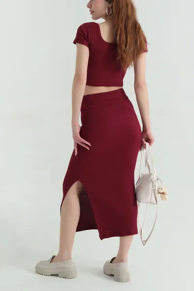 Bordo Etek Bluz Fitilli Kadın İkili Takım 357909