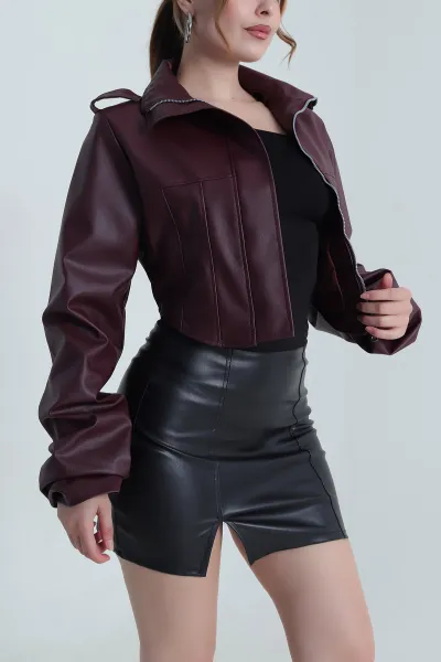 Bordo Fermuarlı Astarlı Kadın Deri Ceket 483980