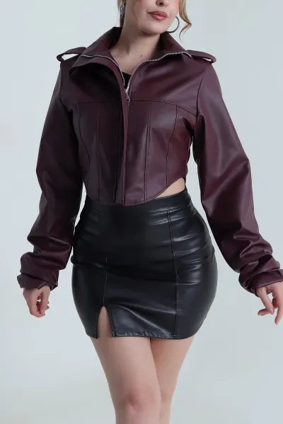 Bordo Fermuarlı Astarlı Kadın Deri Ceket 483980