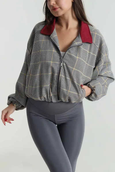 Bordo Fermuarlı Cepli Bomber Kadın Ceket 495433