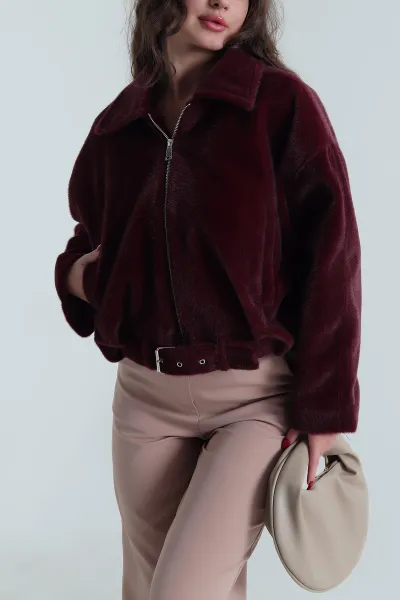Bordo Fermuarlı Cepli Fox Kadın Bomber 491614