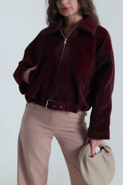 Bordo Fermuarlı Cepli Fox Kadın Bomber 491614