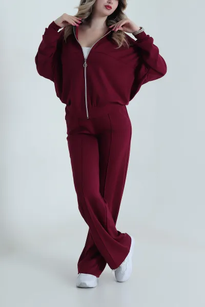 Bordo Fermuarlı Çimalı Modal Kadın İkili Takım 484439