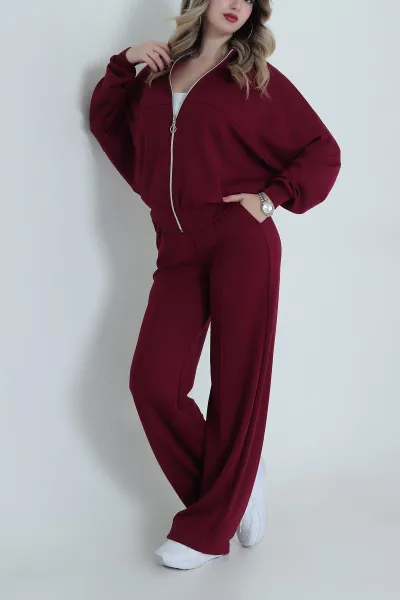 Bordo Fermuarlı Çimalı Modal Kadın İkili Takım 484439