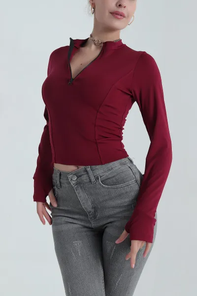 Bordo Fermuarlı Dalgıç Kumaş Kadın Bluz 387636