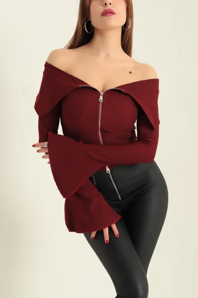 Bordo Fermuarlı İspanyol Kol Ottoman Bluz 333199