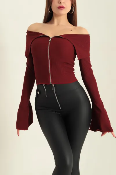 Bordo Fermuarlı İspanyol Kol Ottoman Bluz 333199