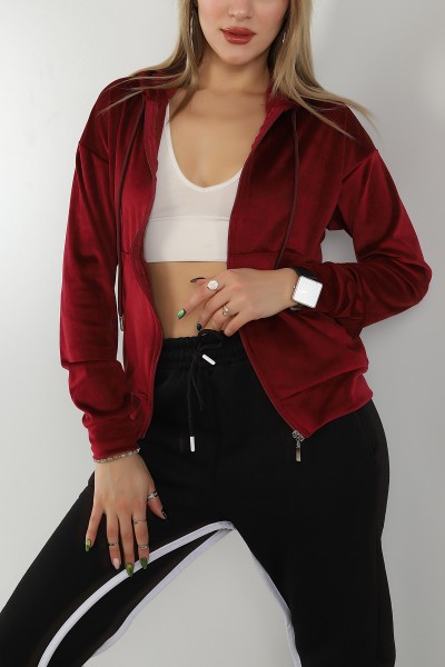 Bordo Fermuarlı Kadife Sweat 147274