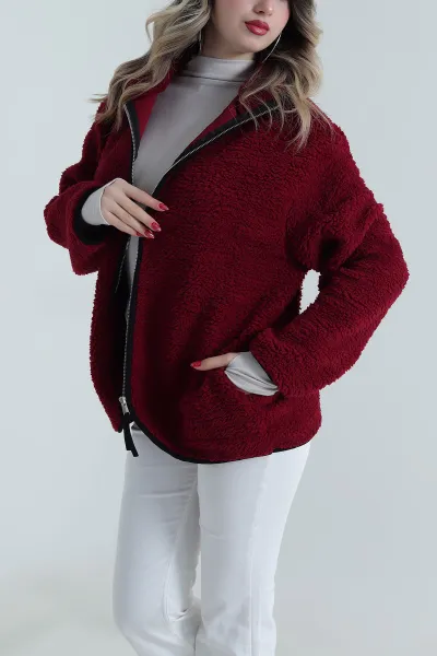 Bordo Fermuarlı Kadın Pelüş Fermuarlı Üst 500939