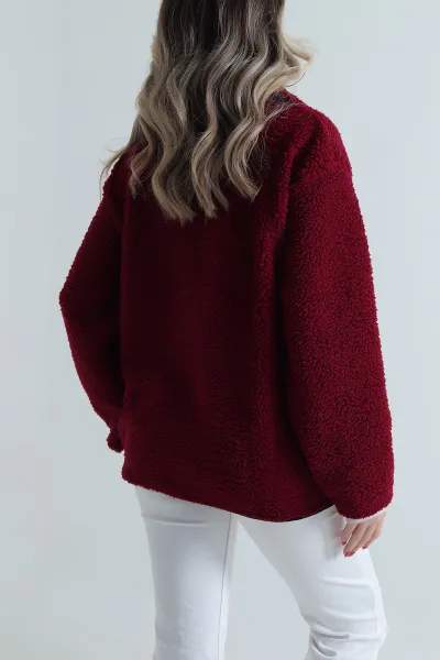Bordo Fermuarlı Kadın Pelüş Fermuarlı Üst 500939