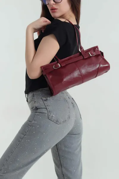 Bordo Fermuarlı Kemer Detaylı Kadın Kol ve Omuz Çantası 355632