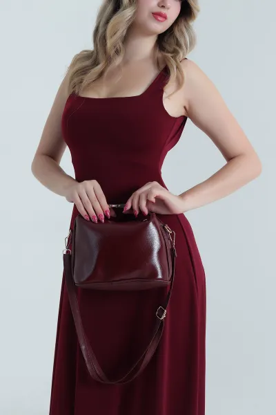 Bordo Fermuarlı Kilit Askılı Kadın El Kol ve Omuz Çantası 474479