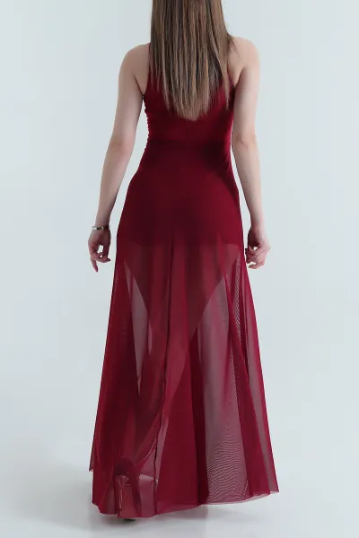 Bordo Fermuarlı Kolsuz Kadın Tül Elbise 439972