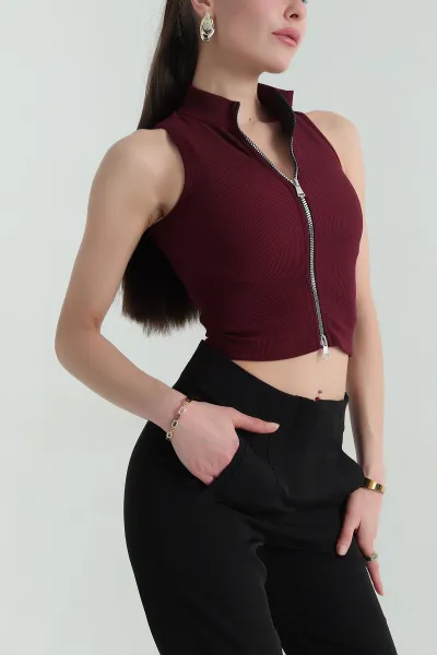Bordo Fermuarlı Kolsuz Ottoman Bluz 350780