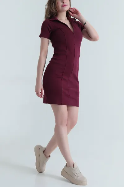Bordo Fermuarlı Polo Yaka İnterlok Kadın Elbise 473881