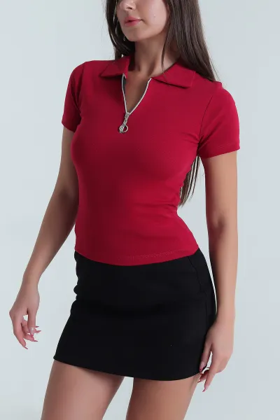 Bordo Fermuarlı Polo Yaka Kadın Body Tişört 477737