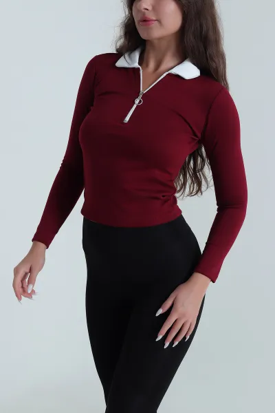 Bordo Fermuarlı Polo Yaka Oysho Kadın Bluz 488564