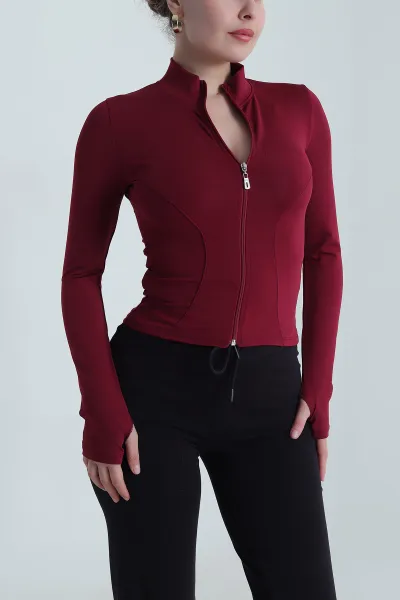 Bordo Fermuarlı Scuba Kadın Bluz 493585