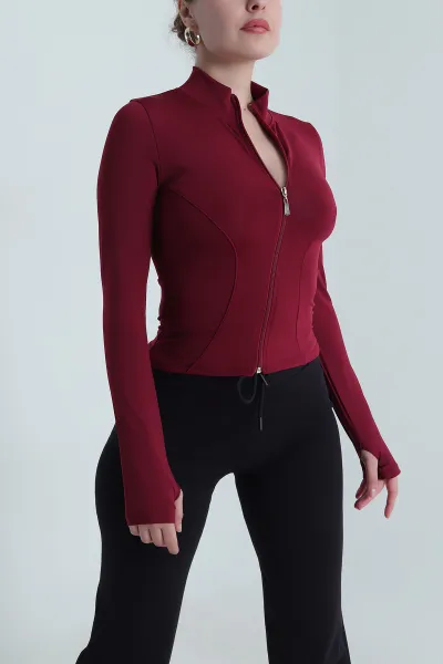 Bordo Fermuarlı Scuba Kadın Bluz 493585