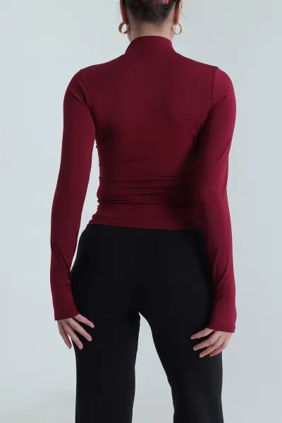 Bordo Fermuarlı Scuba Kadın Bluz 493585