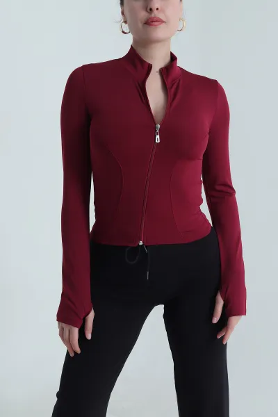 Bordo Fermuarlı Scuba Kadın Bluz 493585