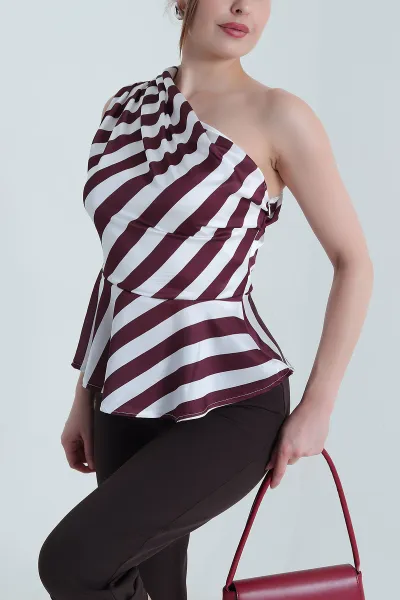 Bordo Fermuarlı Tek Omuz Saten Kadın Bluz 470425