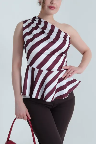Bordo Fermuarlı Tek Omuz Saten Kadın Bluz 470425